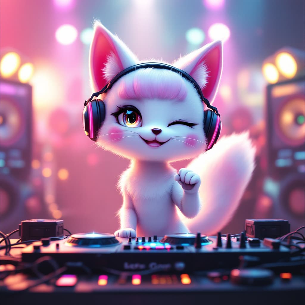AI generated: No People in the background, white fox, thick tail, cat ears, 20s, DJing, machines are friends, wear...