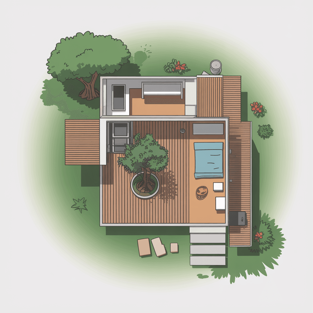 AI generated: The plan of a small energy autonomous house 25m².  Open patio with an olive tree in the centre. The ...