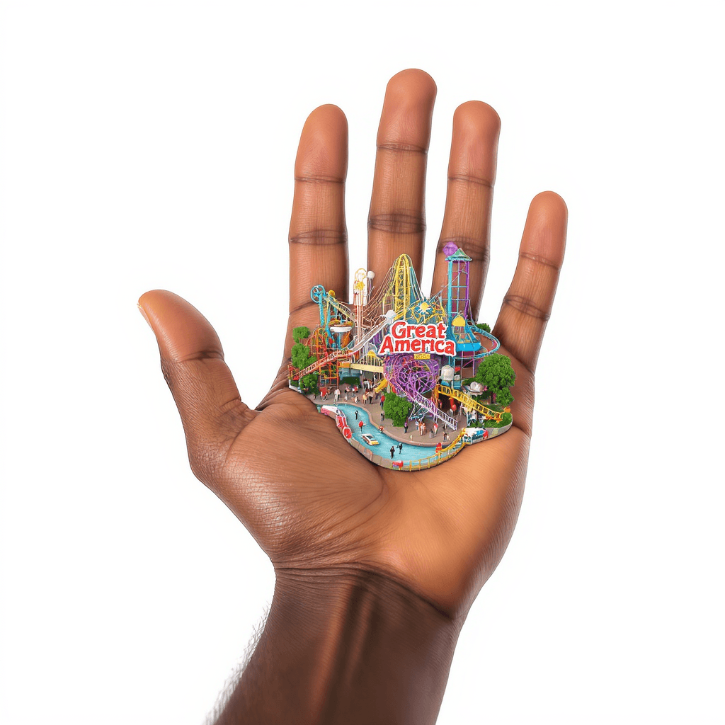 AI generated: African American hand with palm held out and 1 side of their palm we see a miniature theme park Grea...