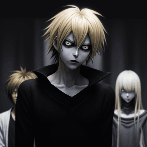 AI generated: Ryuk from death note with long bangs and shoulder-length blond hair stands in the foreground of the ...
