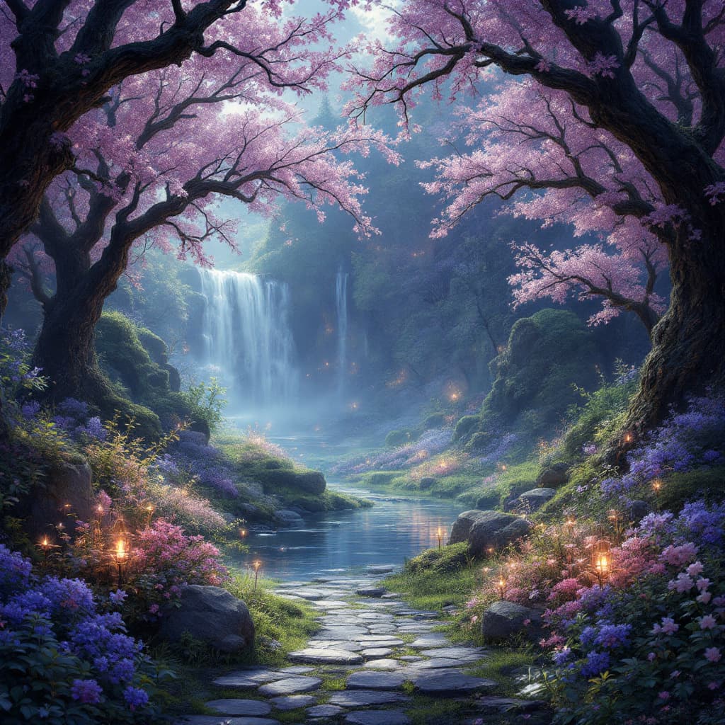 AI generated: A magical and tranquil atmosphere, as if it’s a fantasy world. The image should look like a realisti...