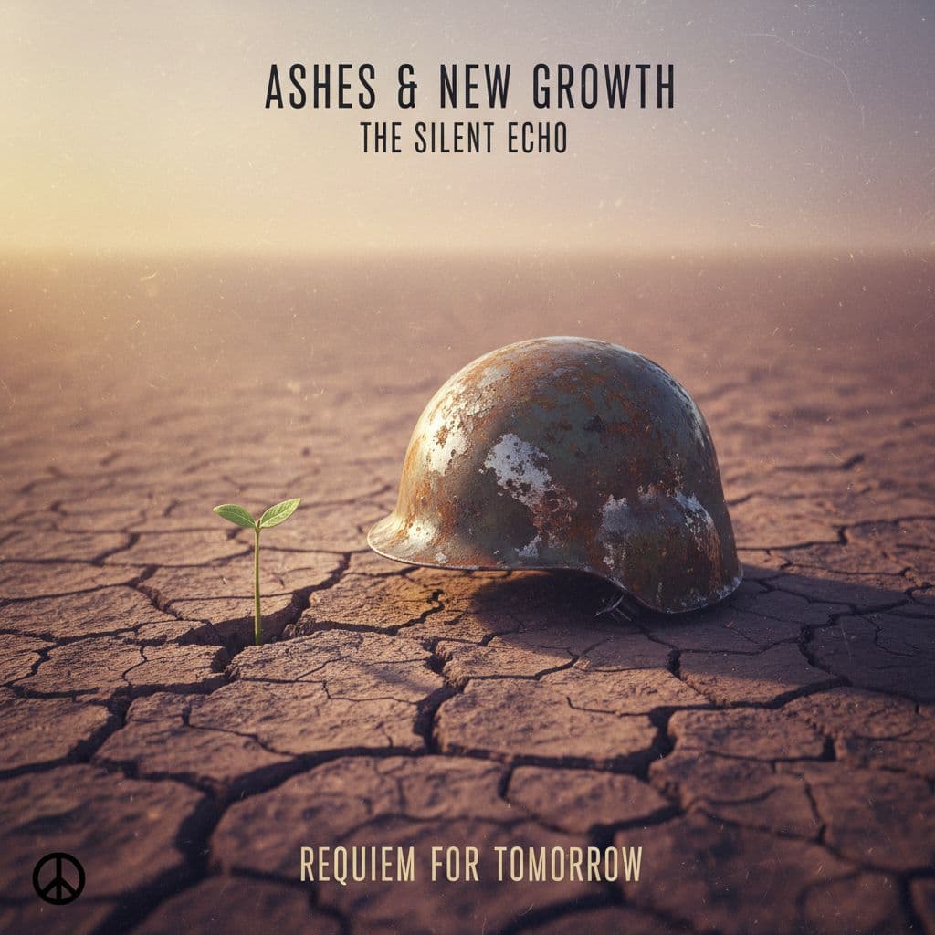 AI generated: A single soldier’s helmet lying on cracked soil with a tiny green sprout growing nearby, atmospheric...