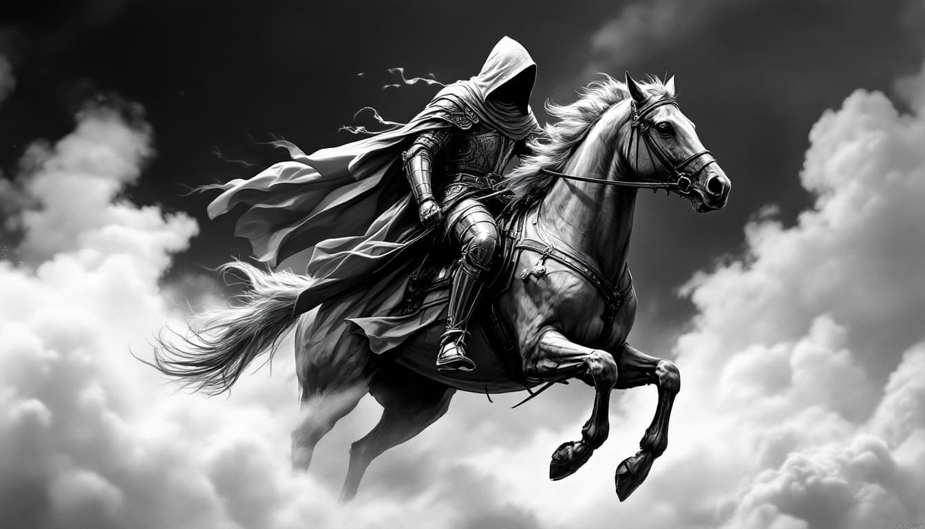 AI generated: Black and white art of a hooded knight riding his horse in full gallop, smoke around him, detailed, ...