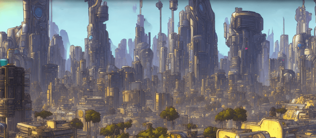 AI generated: Hyperion cityscape from borderlands 2, au naturel, hyper detailed, digital art, trending in artstati...