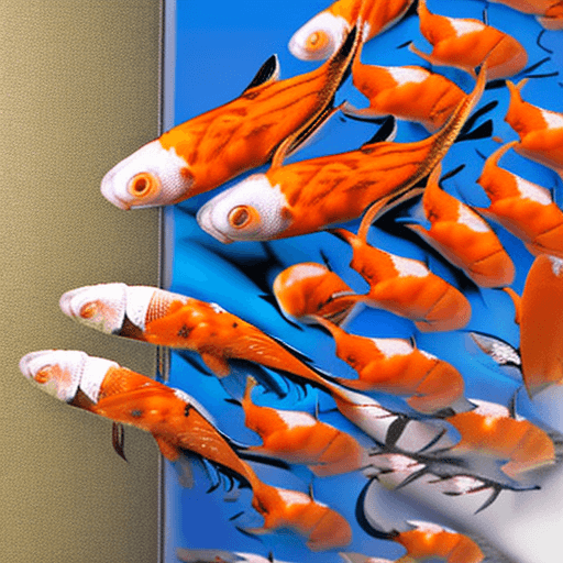 AI generated: Hyper realistic eye level exterior photo of a school of Koi fish swimming in a deep blue ocean