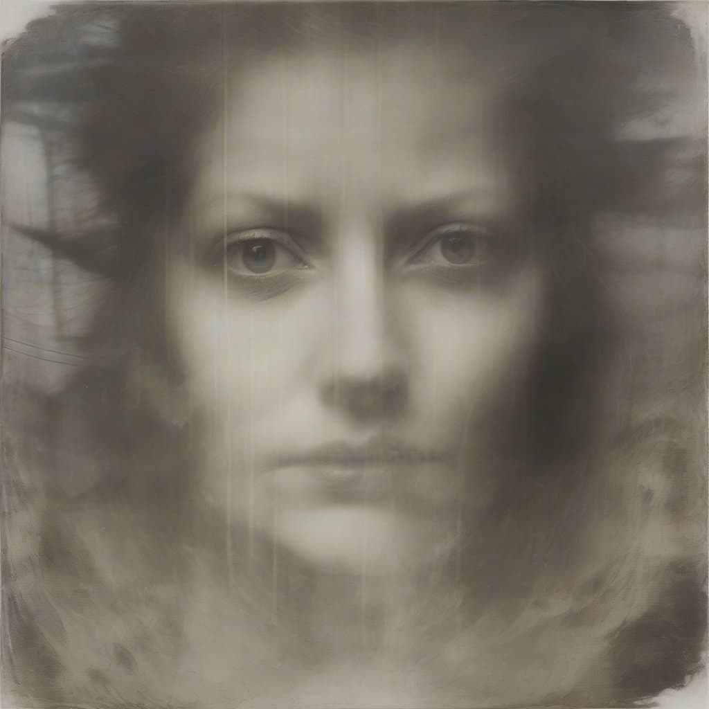 AI generated: double exposure, (transparent mysterial female portrait as foreground, by Henry Fuseli, 1. 5)(winter...
