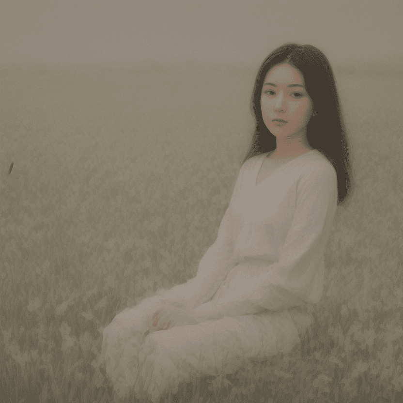 AI generated: A beautiful alluring Japanese woman, sits in a serene field of lilies, facing the viewer 