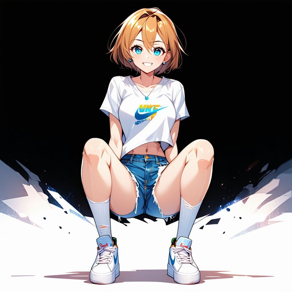 AI generated: Full Anime cheerleader with blue eyes and short amber hair, wearing a loose fit sports T; frayed jea...