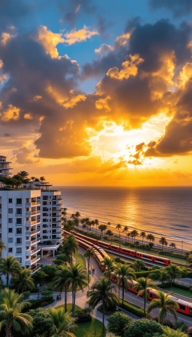 AI generated: A sunset panorama of a coastal residential development: contemporary white apartment buildings with ...