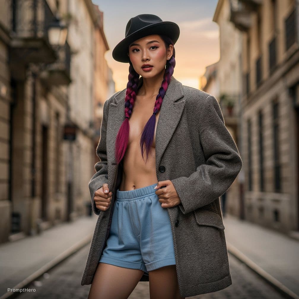 AI generated: Young Asian slim woman with two braids — one purple, one dark pink — wearing a black men's vintage h...