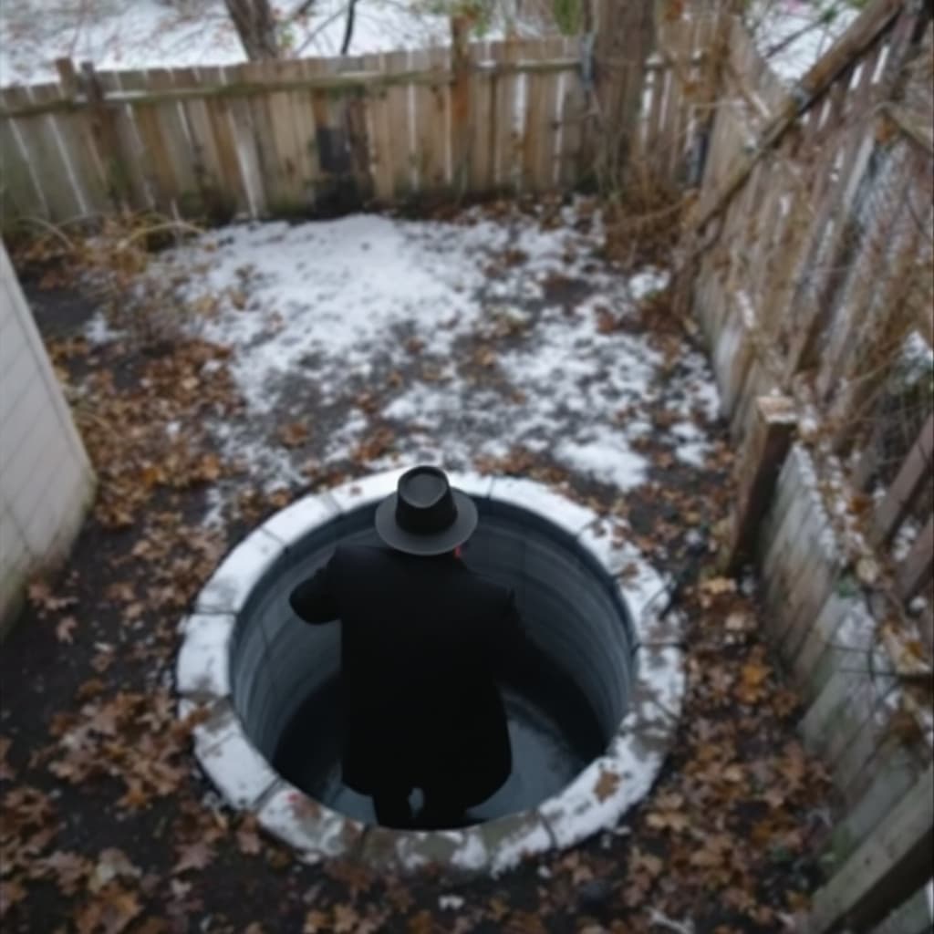 AI generated:  high definition camera shot from behind  - a man wearing black coat and hat sneaking in a well from...