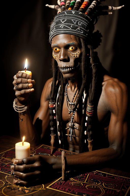AI generated: Beautiful wild Male Voodoo Priest, long dreadlocks, voodoo hat, detailed voodoo clothes, voodoo jewe...