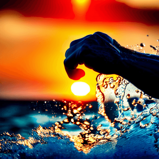 AI generated: hyperrealistic photo of a fist breaking through the ocean surface, hyperdetailed, sunset, sharp focu...