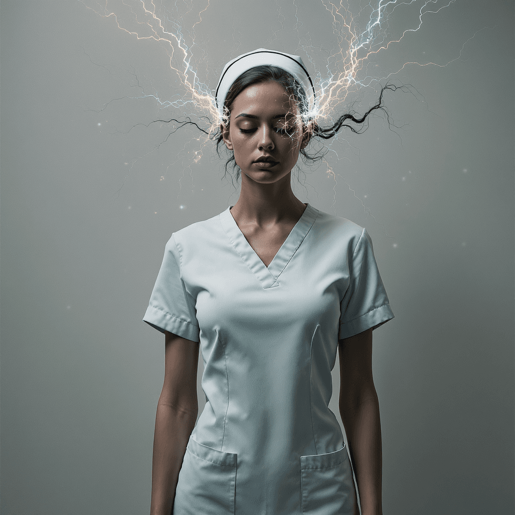 AI generated: surrealistic, high resolution shooting, front view, slender female nurse with electromagnetic reacti...
