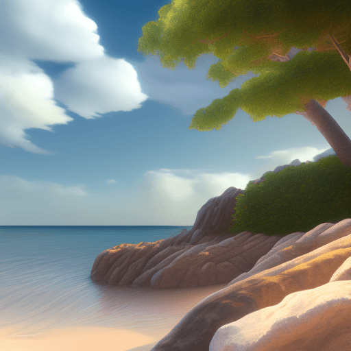 AI generated: photorealistic oil on canvas, small clouds, beach, trees, rocks, beautiful setting, early evening, w...
