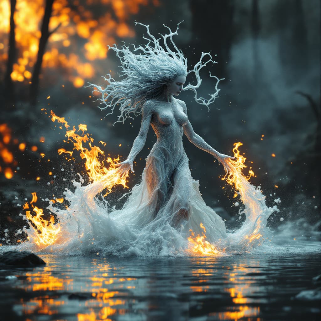 AI generated: elemental being, queen
 of water, realistic water hair, water skin, fighting a huge forest fire, sta...