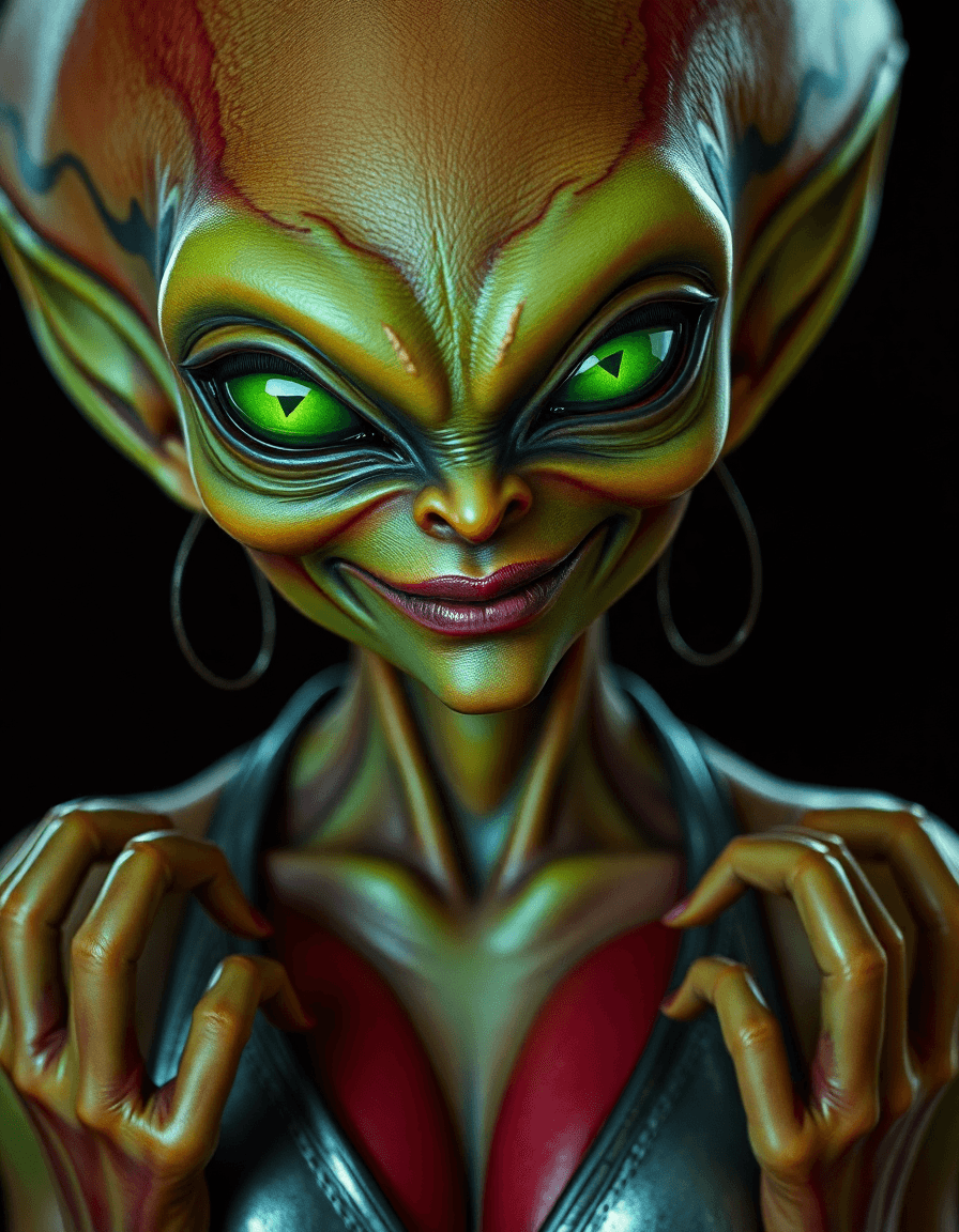 AI generated: An alien  with green-dark red  skin, iridescent green eyes with triangle-shaped irises, like pores r...