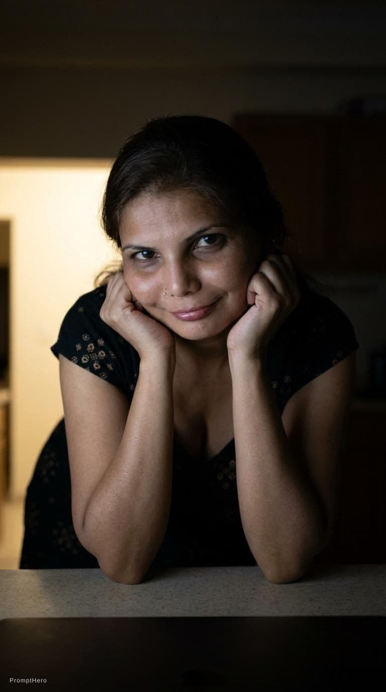 AI generated: looking at me. Leans over on a kitchen desk at night(no lights), wearing same (cleavage) dress, teas...