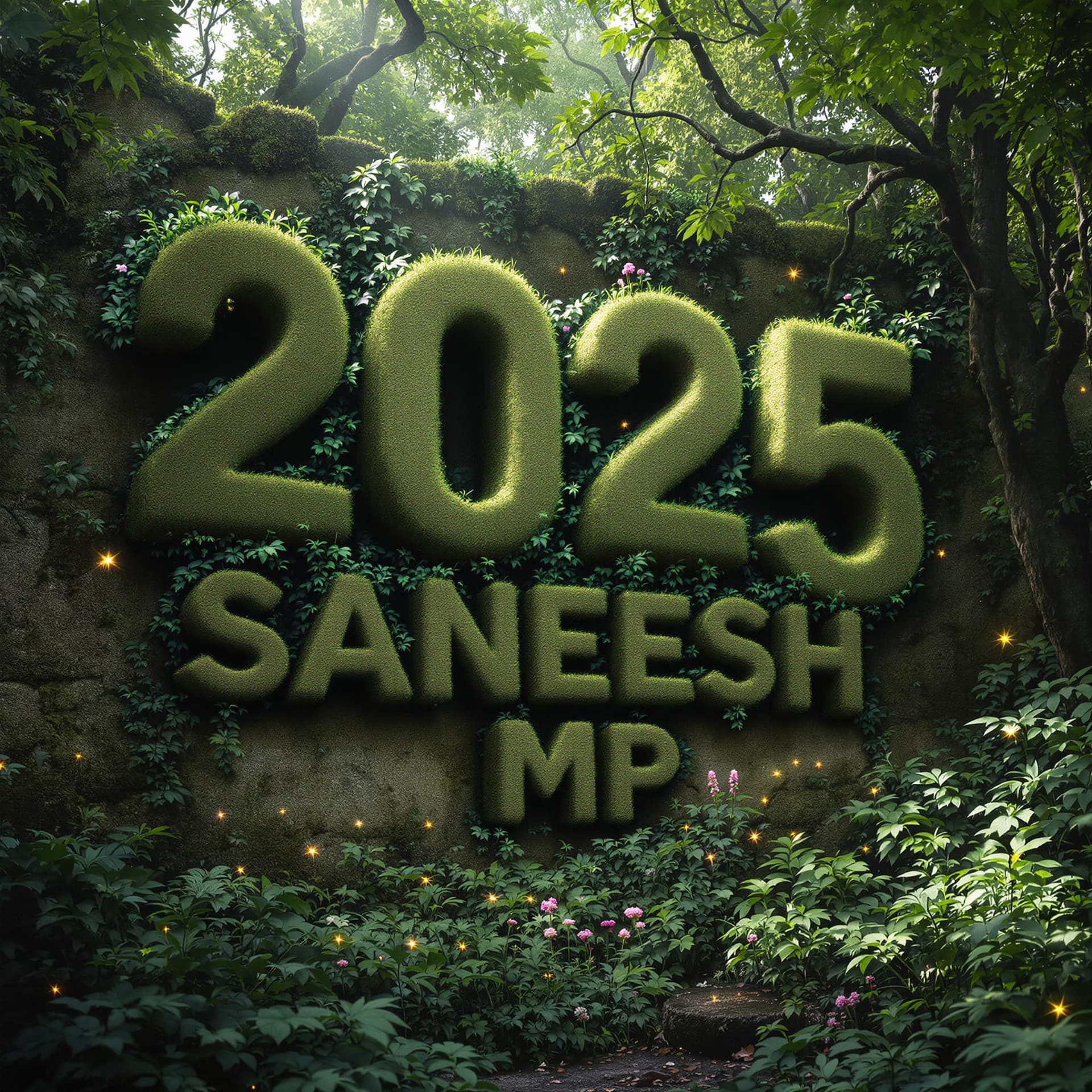 AI generated: A dense, overgrown forest where the text '2025 SANEESH MP' is sculpted from moss-covered stone ruins...