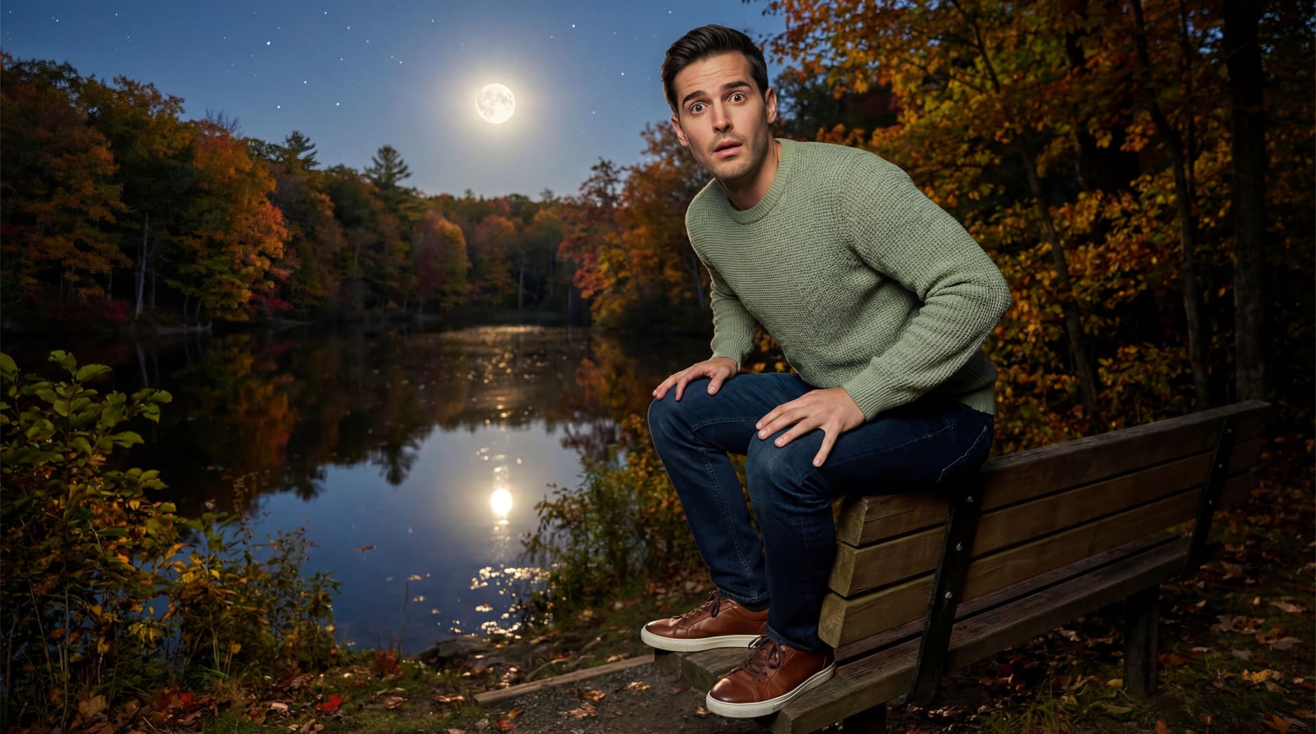 AI generated: On a Autumn night, in the middle of the woods full of trees. The moon is full and stars shine bright...