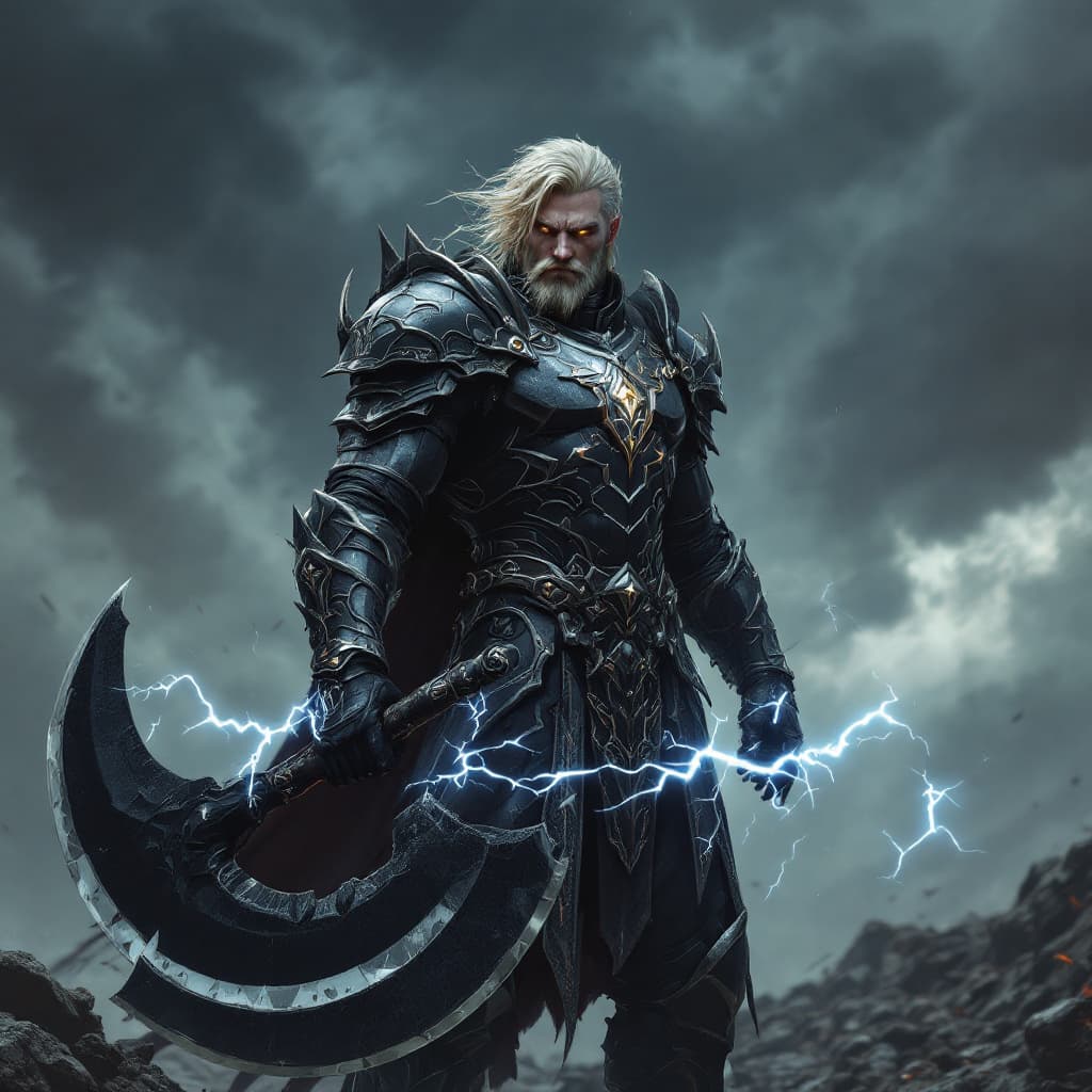 AI generated: A powerful and commanding figure from an ancient, otherworldly race, standing tall in a war-torn bat...
