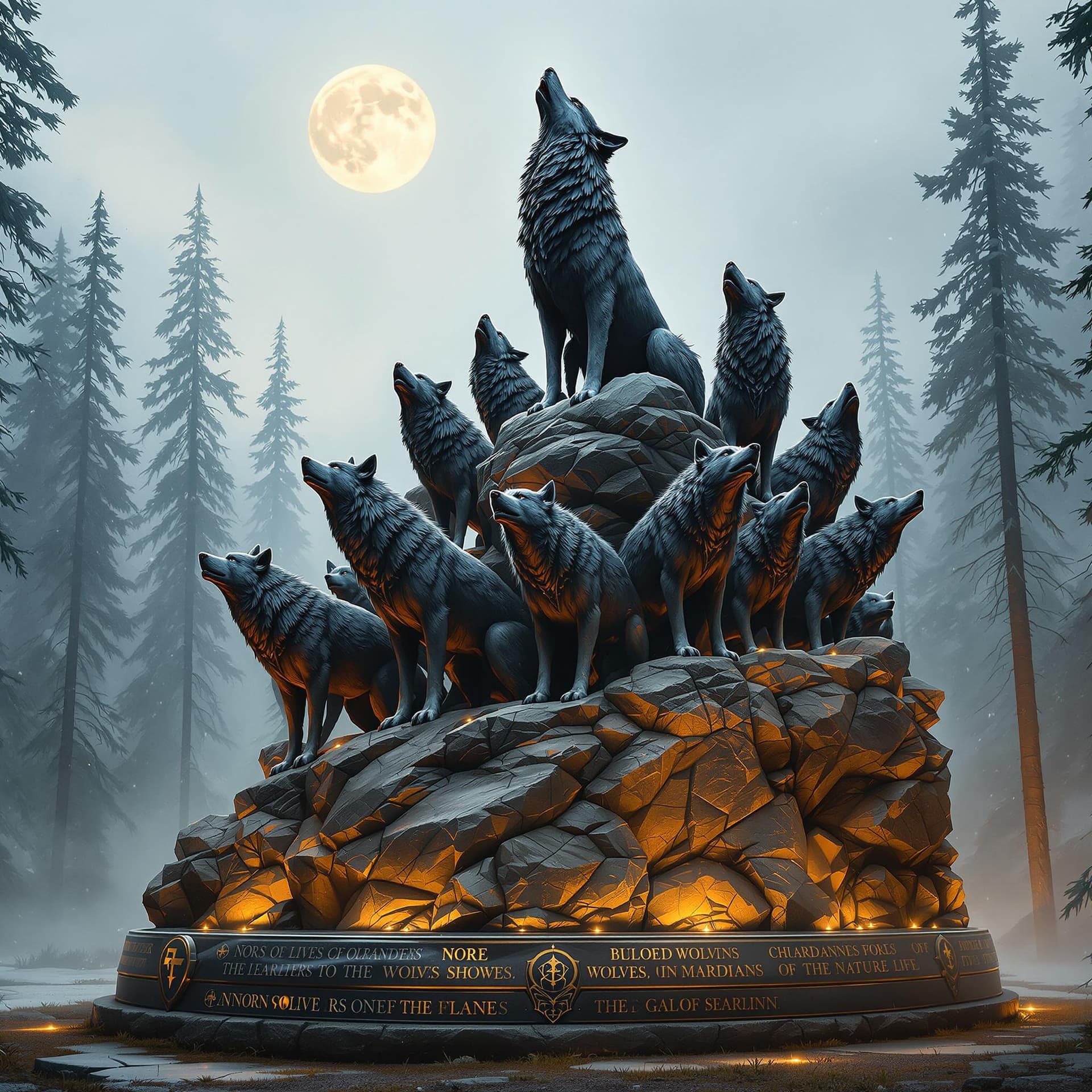 AI generated: "A majestic bronze statue depicting a northern wolf pack, set upon a rustic stone base in a misty fo...
