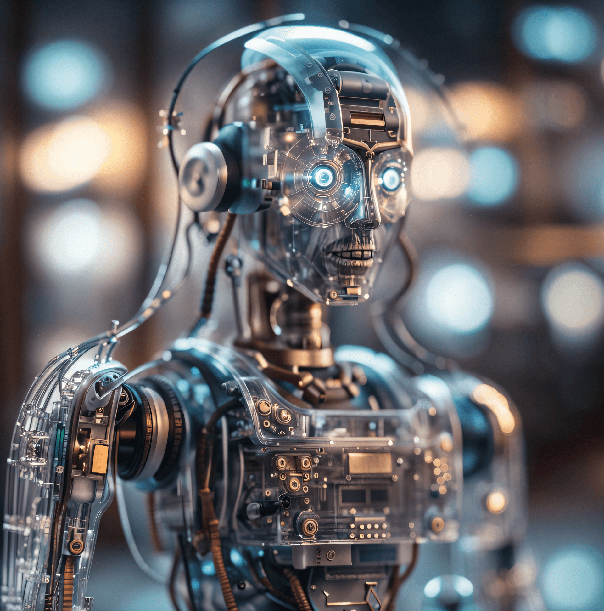 AI generated: Robot standing in front of the window, sitting robot close-up, human-faced robot, close-up humanoid ...