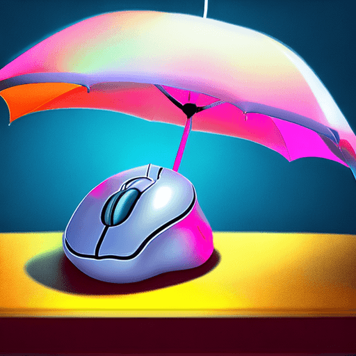 AI generated: a neon umbrella with computer mouse, pale sunshine