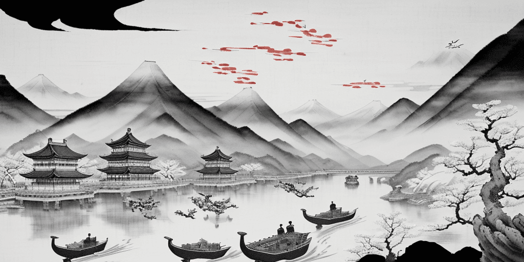 AI generated: Tradition Chinese Ink Painting style of An ancient Chinese ink painting, with birds flying in the sk...