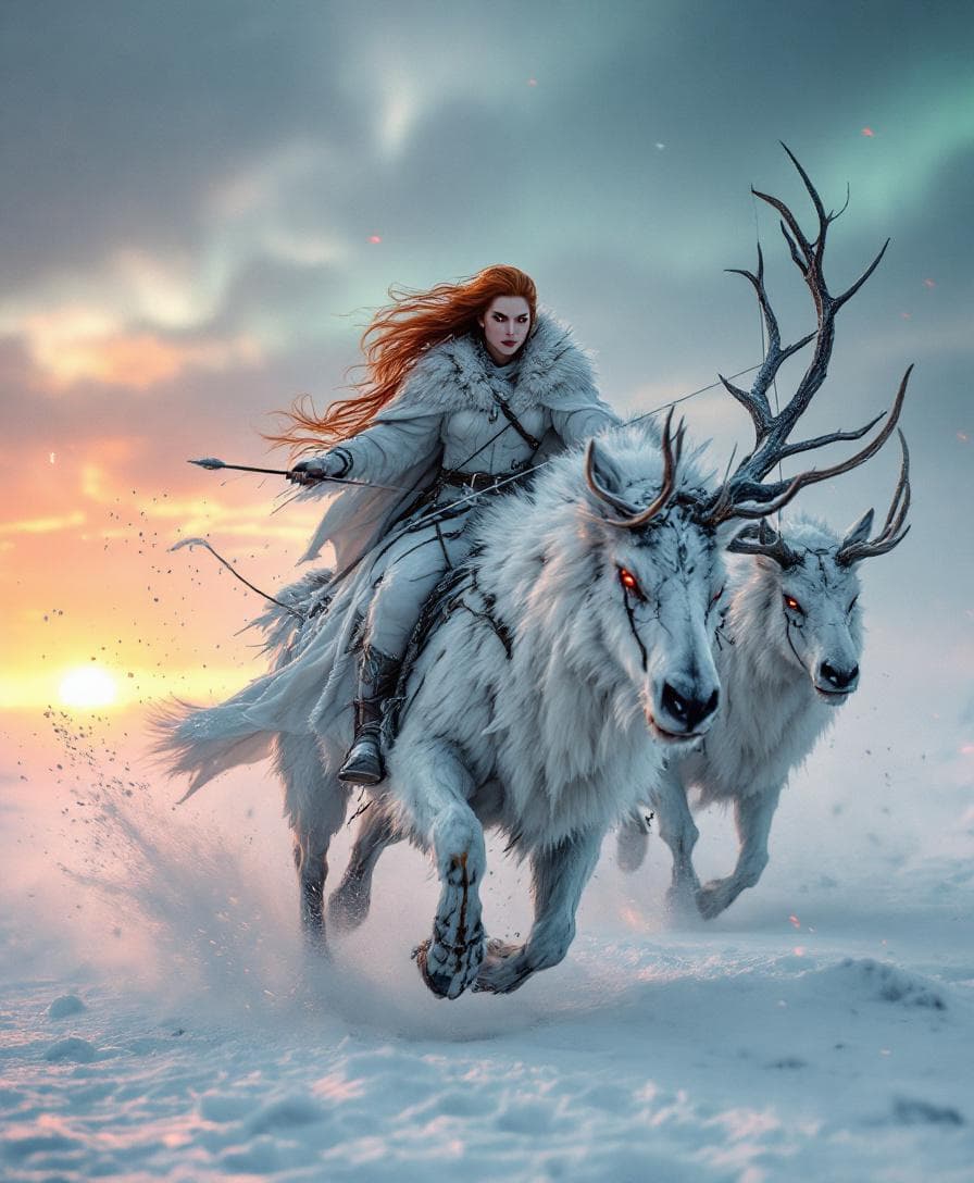AI generated: Ultra-sharp cinematic action shot of the ruthless Winter Queen charging across a barren frozen plain...