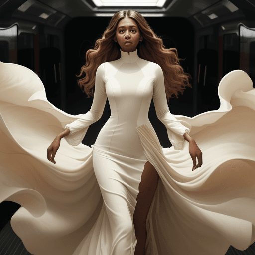 AI generated: The image is a full-length portrait of a medium brown skinned woman in a flowing cream dress. The dr...
