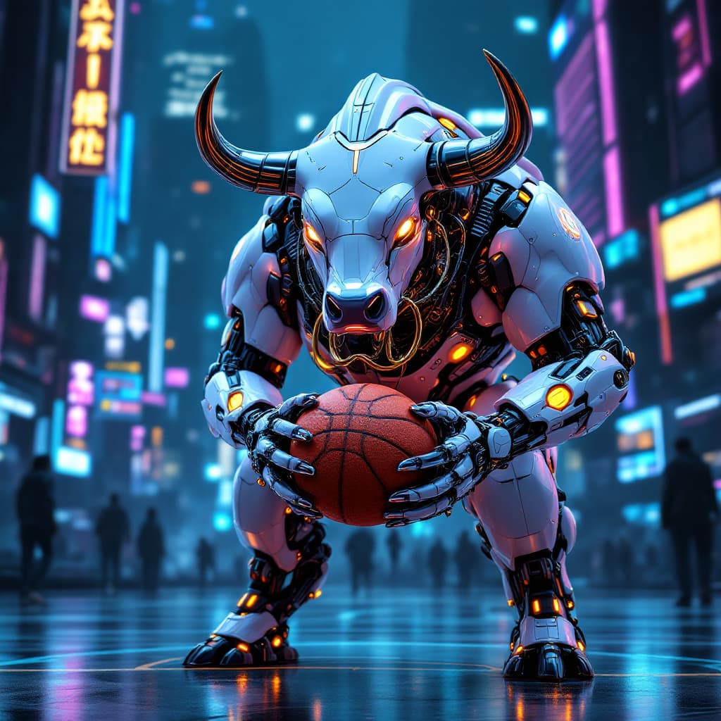 AI generated: A highly detailed cybernetic bull standing upright like a human, holding a basketball in its hands. ...
