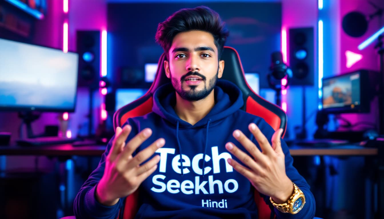 AI generated: A cute 40-year-old Indian man sits confidently upright in a modern gaming red and blue chair in his ...