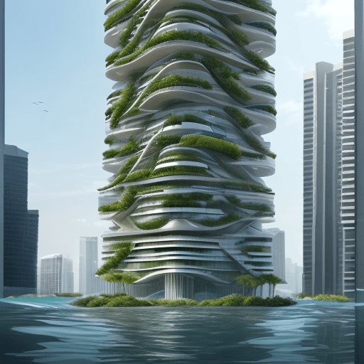 AI generated: architecture, water co-habitation, design, futuristic, rising sea levels, conceptual, level changes,...