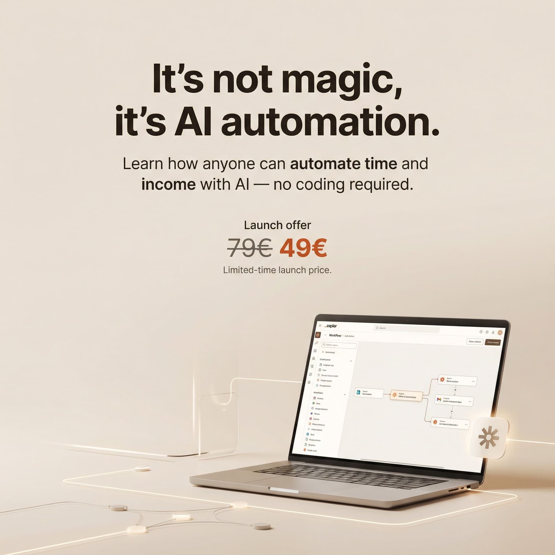 AI generated: Minimalist advertising poster with a clean, premium lifestyle-tech aesthetic.
Soft warm beige backgr...