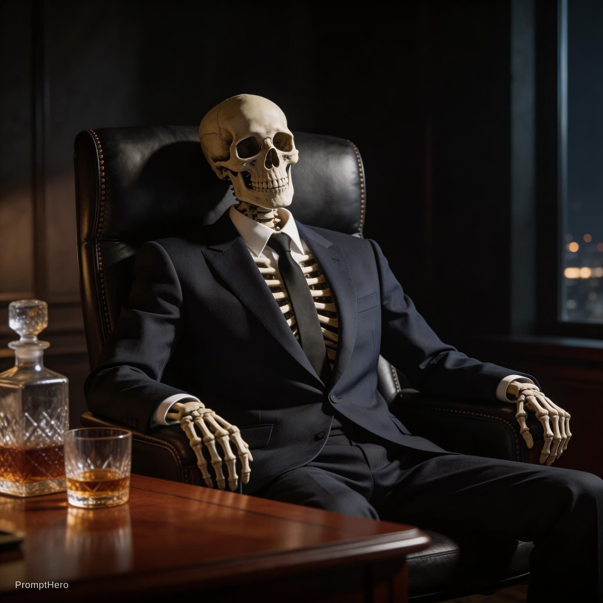 AI generated: realistic skeleton in suit, sitting like a boss, dark room, cinematic lighting, luxury aesthetic, hi...