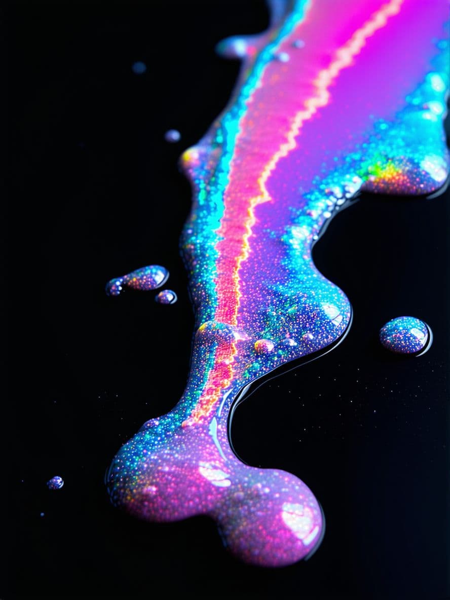 AI generated: creamy, colourful, neon, holographic liquid, black background 