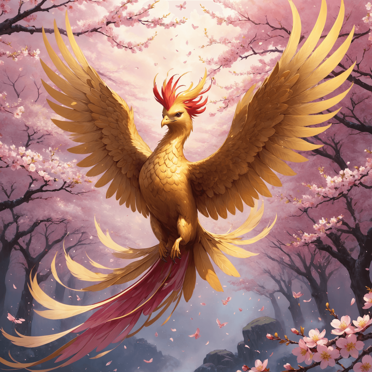 AI generated: a golden phoenix flying in the sky with pink wings, in the style of enchanting realms, flurry of fal...