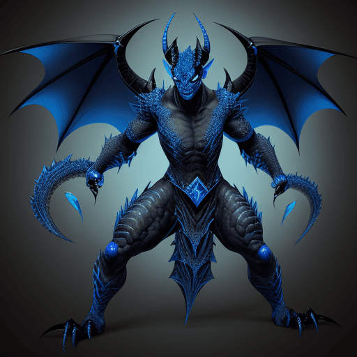 AI generated: A black draconic humanoid with blue highlighted scales, with scales, sharp fangs, very detailed face...