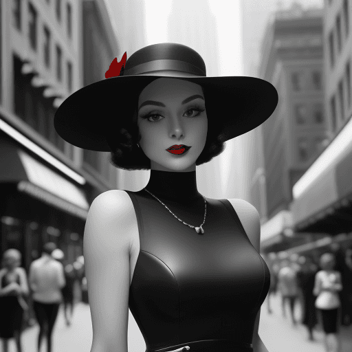 AI generated: In this stunning photograph, we see a 1930's female influencer captured mid-journey, surrounded by t...