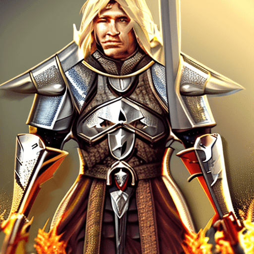 AI generated: blond man in armor with a sword and fire, fantasy paladin man, gorgeous male paladin, portrait of ma...