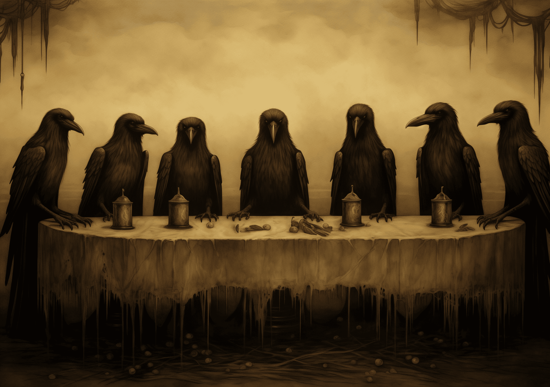 AI generated: A group of sinister-looking crows standing around an empty table, in the style of William Wray and J...