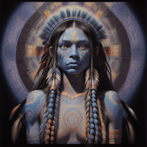 AI generated: Psychedelic DMT shaman Native American female blue skin, transcending, wearing shipibo tattoos, insi...