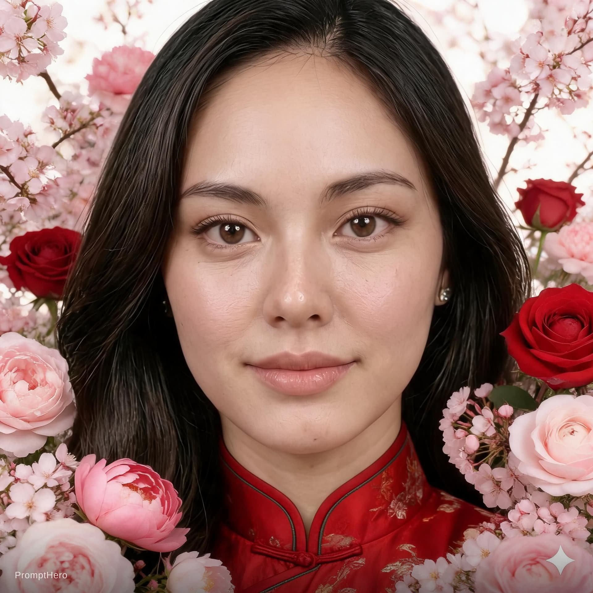 AI generated: chinese red blouse, in the style of dreamy and romantic compositions, floral explosions --ar 24:37 -...