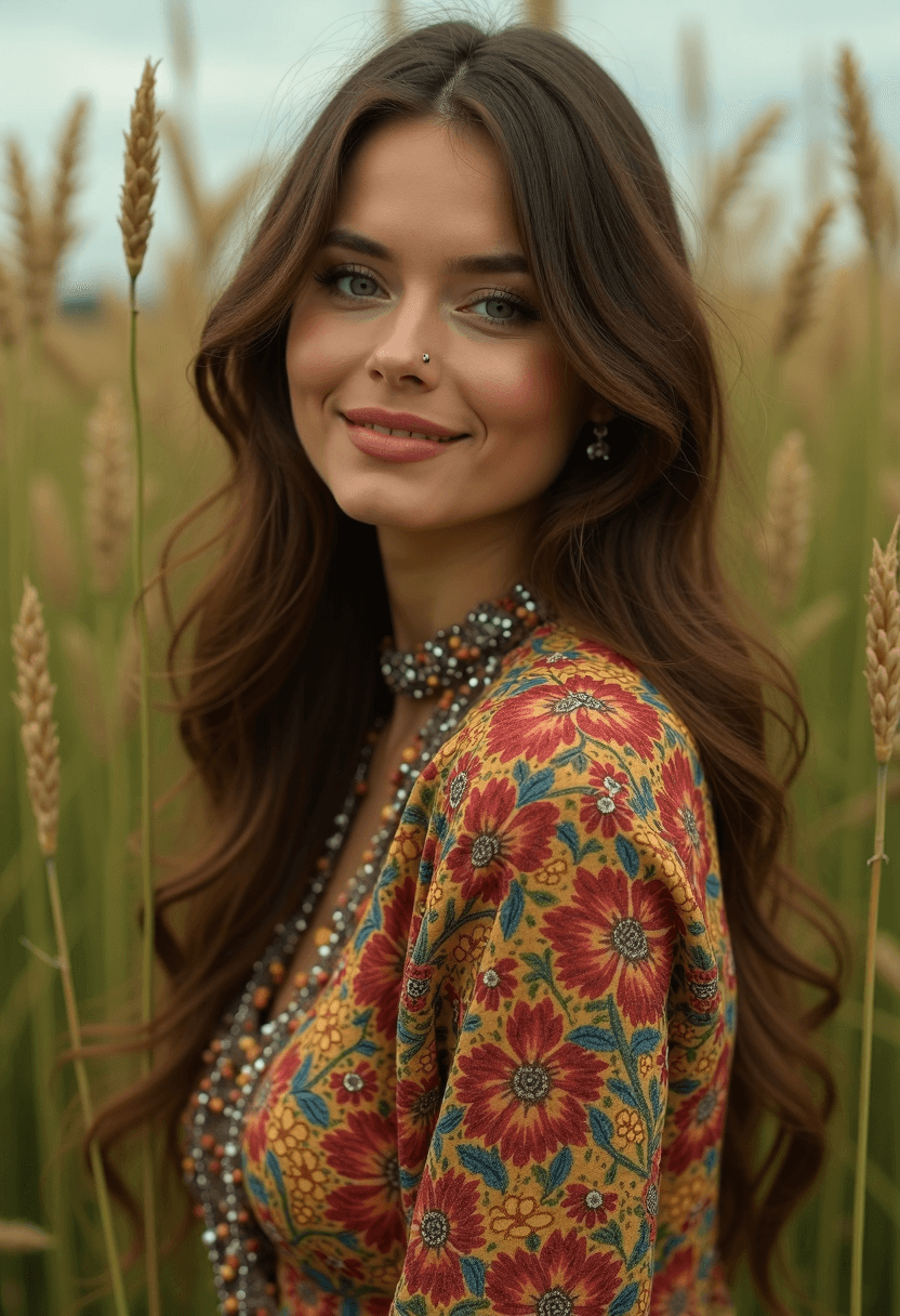 AI generated: glamorous photo female model, stands near a field of overgrown grass, light blue eyes, long brunette...
