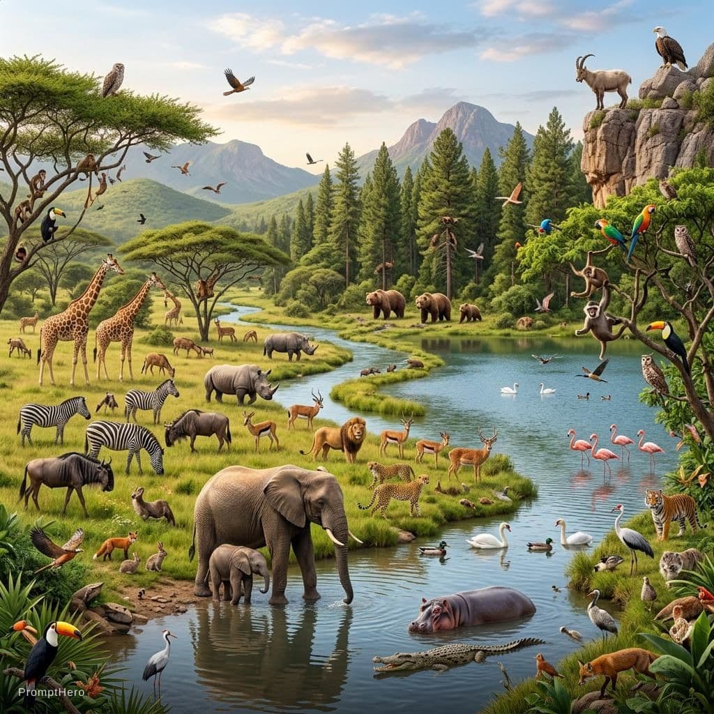 AI generated: Full nuture scene all animal adding
