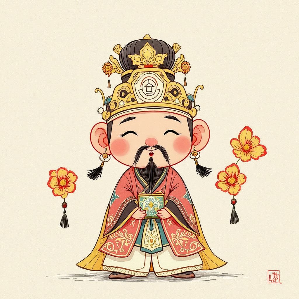 AI generated: Draw a lovely image of the Chinese god Wu Cai Shen Guan Sheng Dijun . Give it a red rounded facial c...