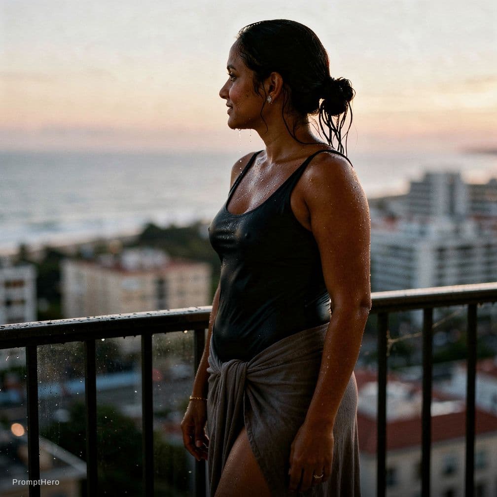AI generated: A documentary style photograph of a young female on a high balcony just after swimming. Her long dar...