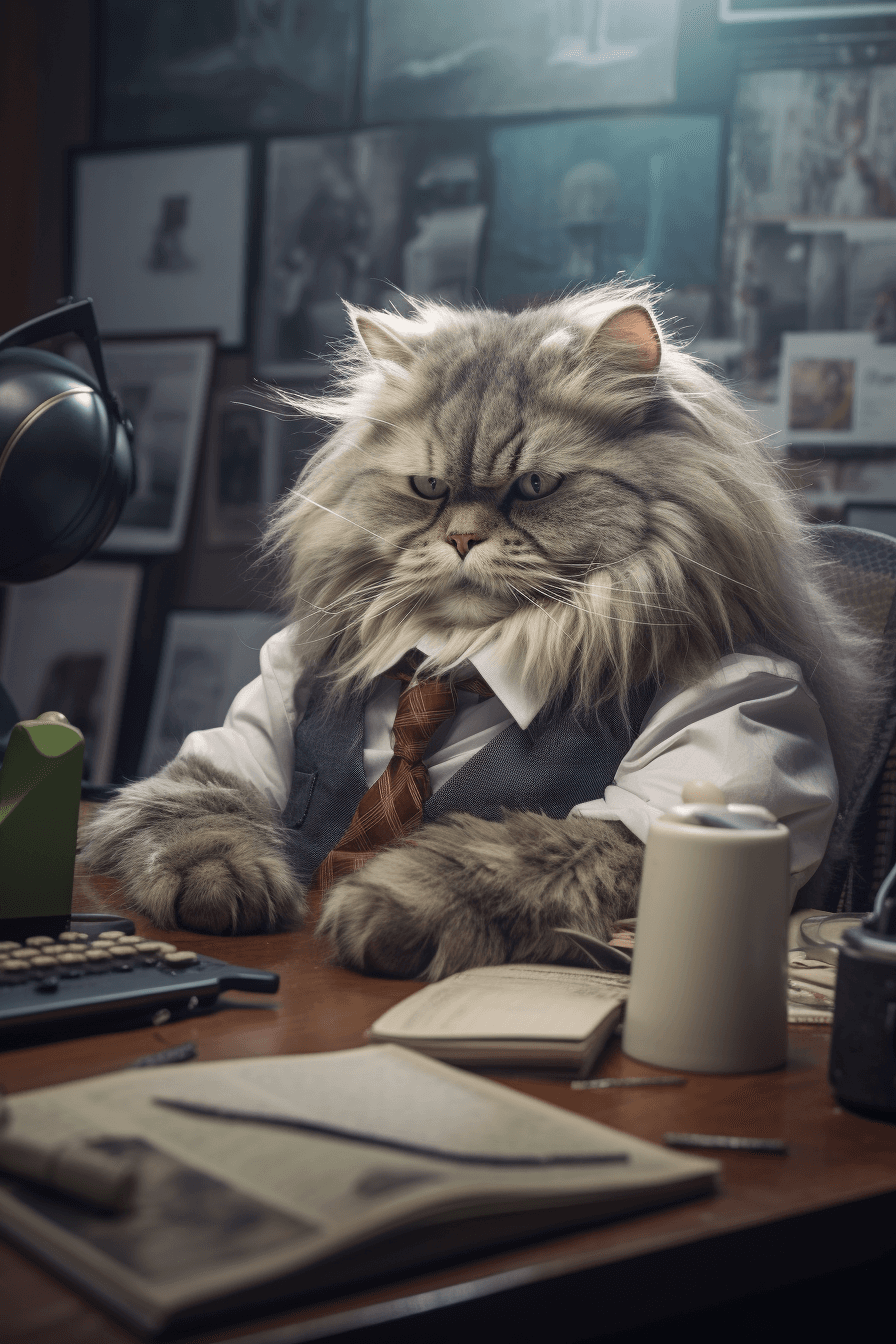 AI generated: cat is working at the office, acting like human, photorealistic, high details, masterpeace, 4k --v 5...