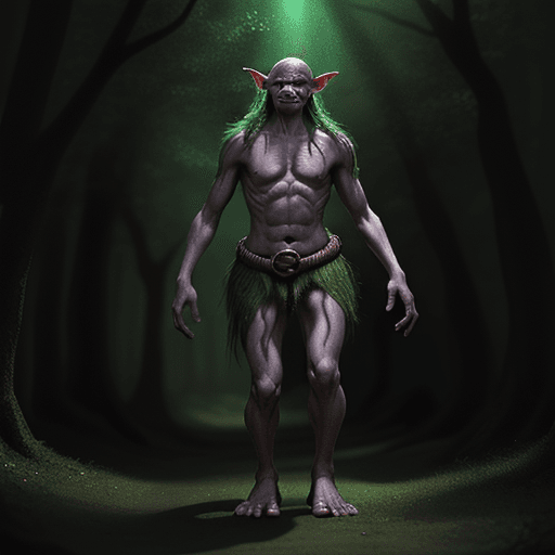AI generated: good looking, DnD goblin with very big feet in a forest, cinematic light, photorealistic, mystical